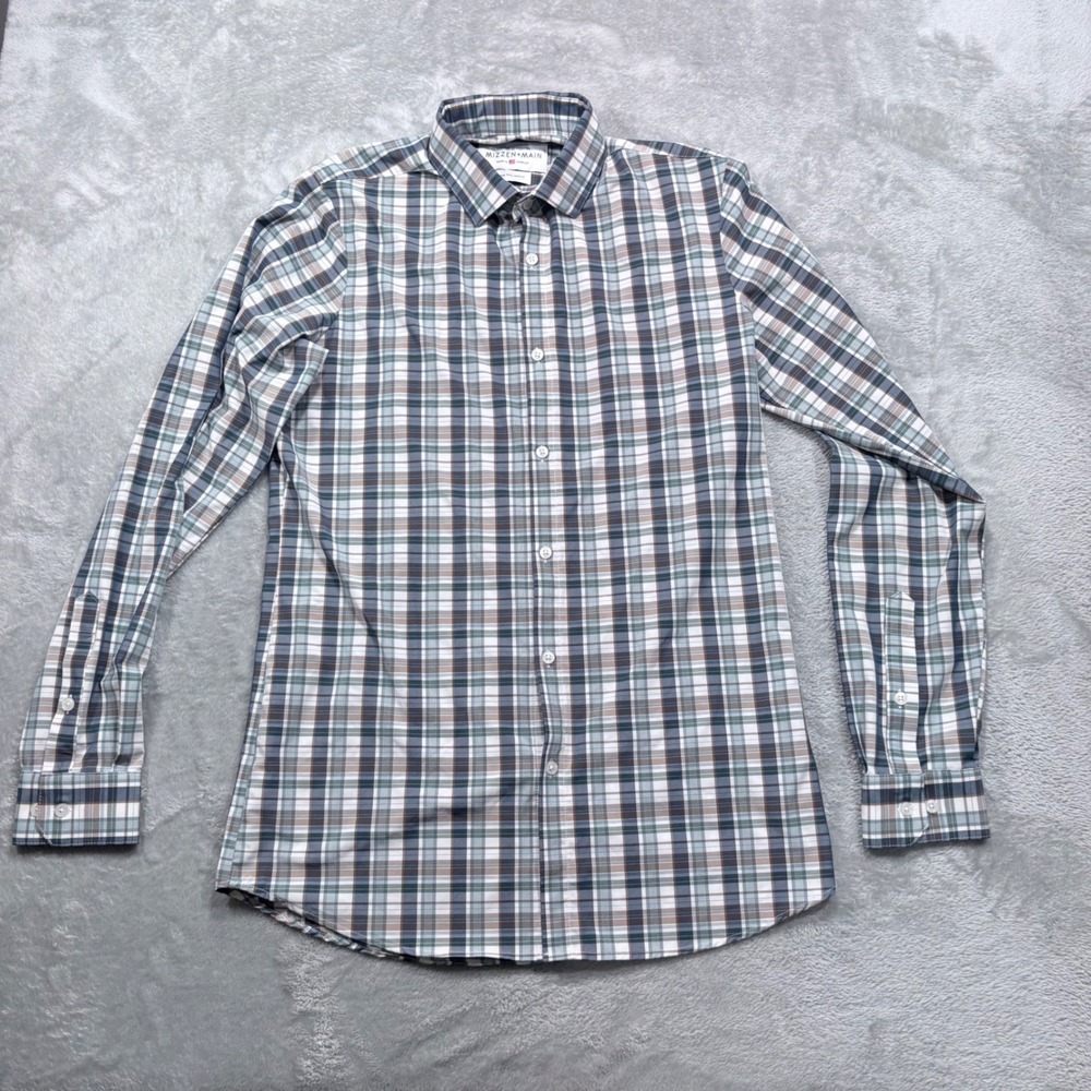 Mizzen+Main Leeward Shirt Mens Large Tall Blue Green Plaid Trim Fit Stretch